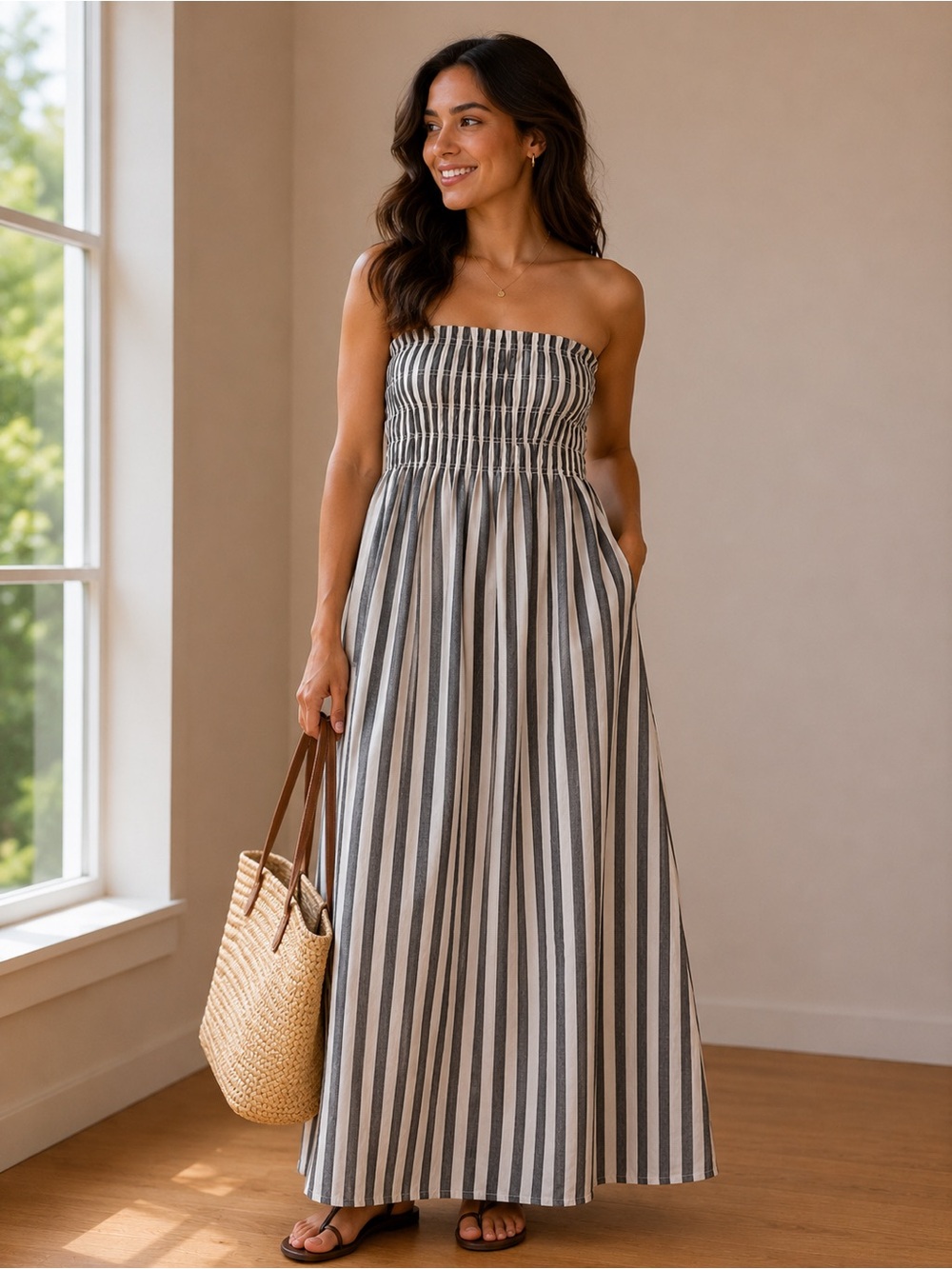 Universal Threads Striped Smocked Strapless Maxi Dress - Black & White